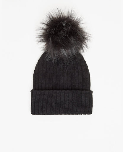 Black Knit Beanie with Interchangeable Pom