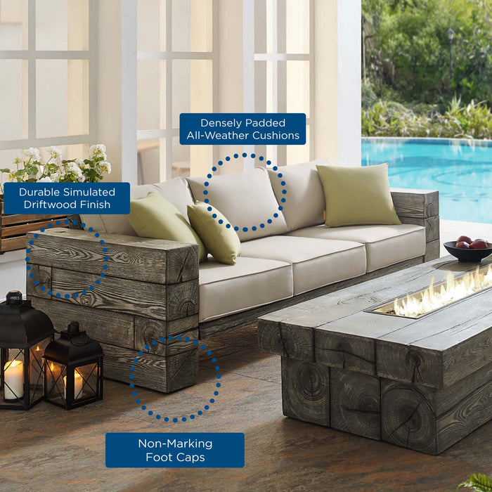 Manteo Rustic Coastal Outdoor Patio Sunbrella® Sofa and Fire Pit Set