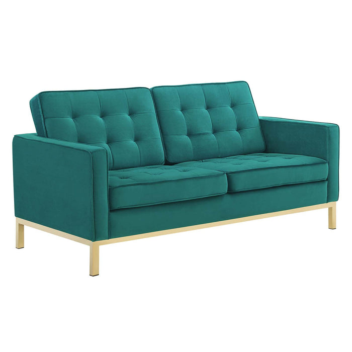 Loft Gold Stainless Steel Leg Performance Velvet Sofa and Loveseat Set