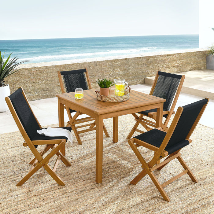 Vienna 5-Piece Outdoor Patio Teak Wood Dining Set with Rope Folding Chairs