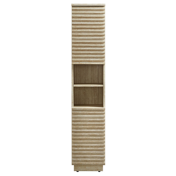 Render Tall Narrow Faux Travertine Linen Storage Cabinet