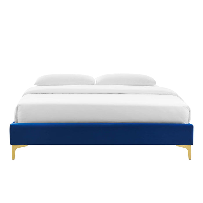 Elise Performance Velvet Platform Bed With Gold Metal Legs