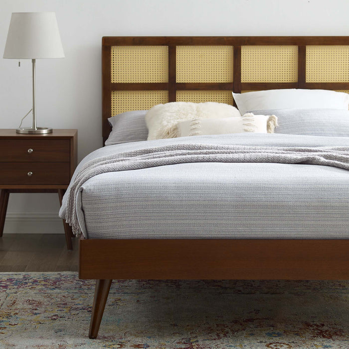 Sidney Cane and Wood Platform Bed With Splayed Legs