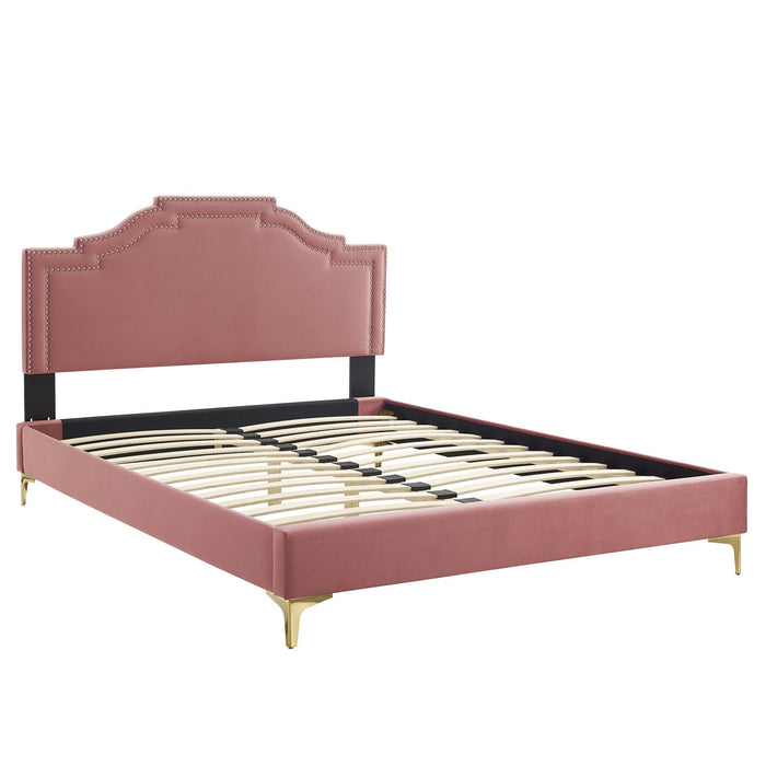 Adelaide Performance Velvet Platform Bed With Gold Metal Legs