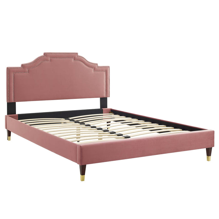 Adelaide Performance Velvet Platform Bed With Wood and Gold Metal Legs