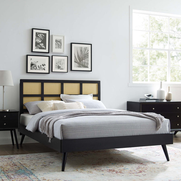 Sidney Cane and Wood Platform Bed With Splayed Legs