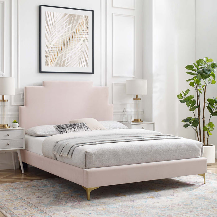 Lindsey Performance Velvet Platform Bed With Gold Metal Legs