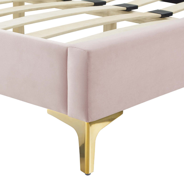 Lindsey Performance Velvet Platform Bed With Gold Metal Legs