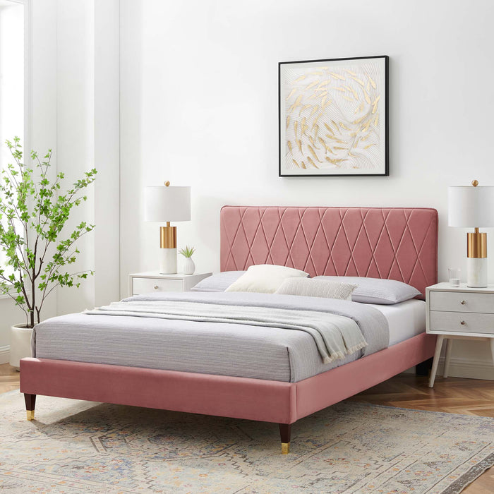 Phillipa Performance Velvet Platform Bed With Wood and Gold Legs