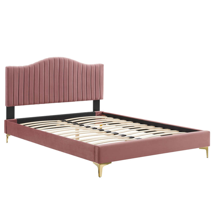 Juniper Channel Tufted Performance Velvet Platform Bed With Gold Metal Legs