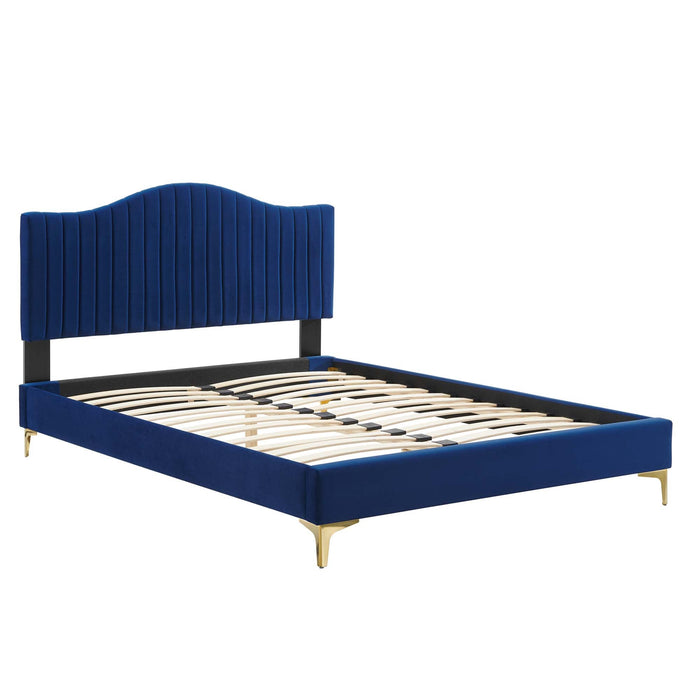 Juniper Channel Tufted Performance Velvet Platform Bed With Gold Metal Legs