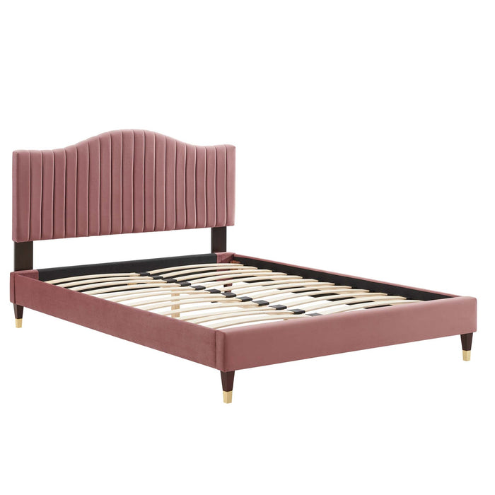 Juniper Channel Tufted Performance Velvet Platform Bed With Wood and Gold Legs