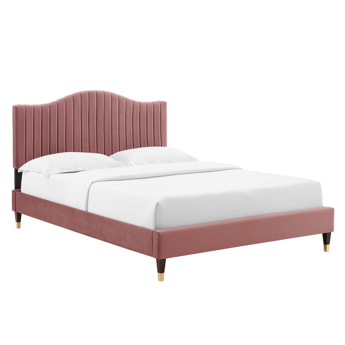 Juniper Channel Tufted Performance Velvet Platform Bed With Wood and Gold Legs