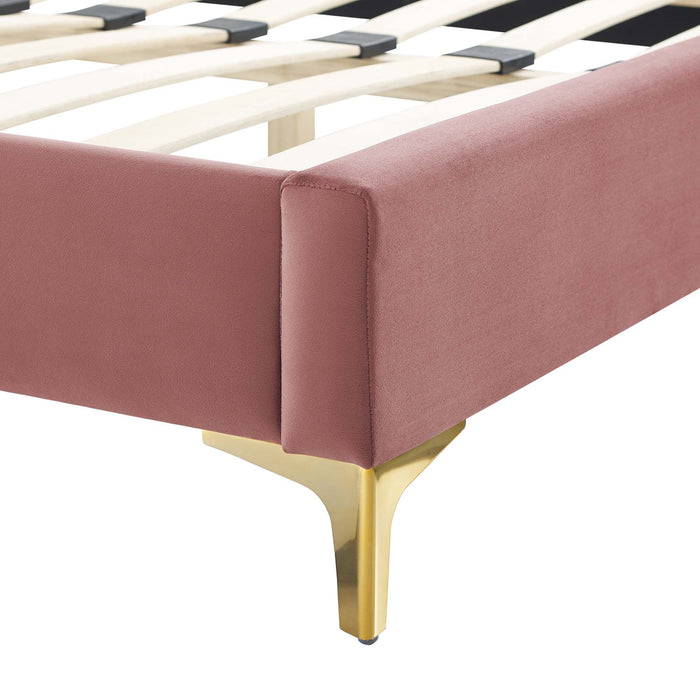 Juniper Channel Tufted Performance Velvet Platform Bed With Gold Metal Legs