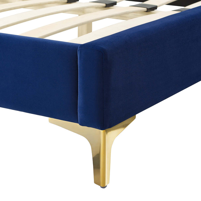 Juniper Channel Tufted Performance Velvet Platform Bed With Gold Metal Legs