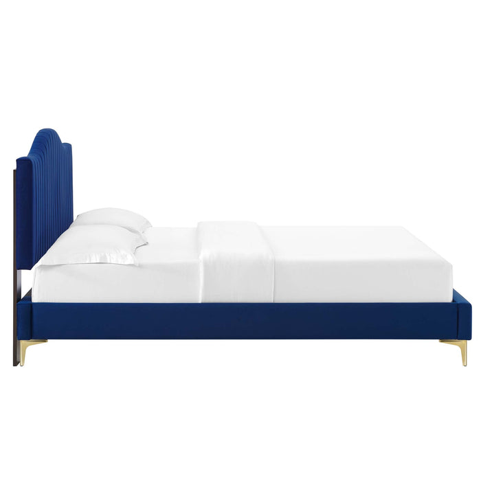 Juniper Channel Tufted Performance Velvet Platform Bed With Gold Metal Legs