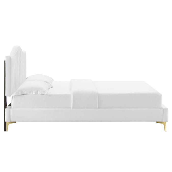 Juniper Channel Tufted Performance Velvet Platform Bed With Gold Metal Legs