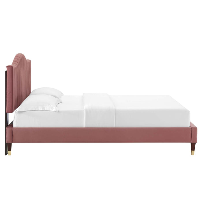 Juniper Channel Tufted Performance Velvet Platform Bed With Wood and Gold Legs