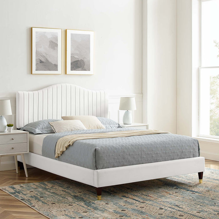 Juniper Channel Tufted Performance Velvet Platform Bed With Wood and Gold Legs