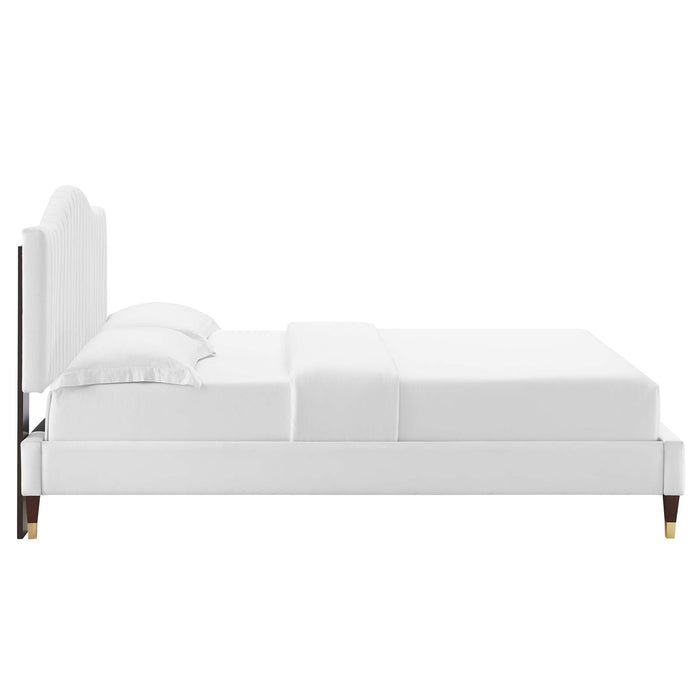 Juniper Channel Tufted Performance Velvet Platform Bed With Wood and Gold Legs