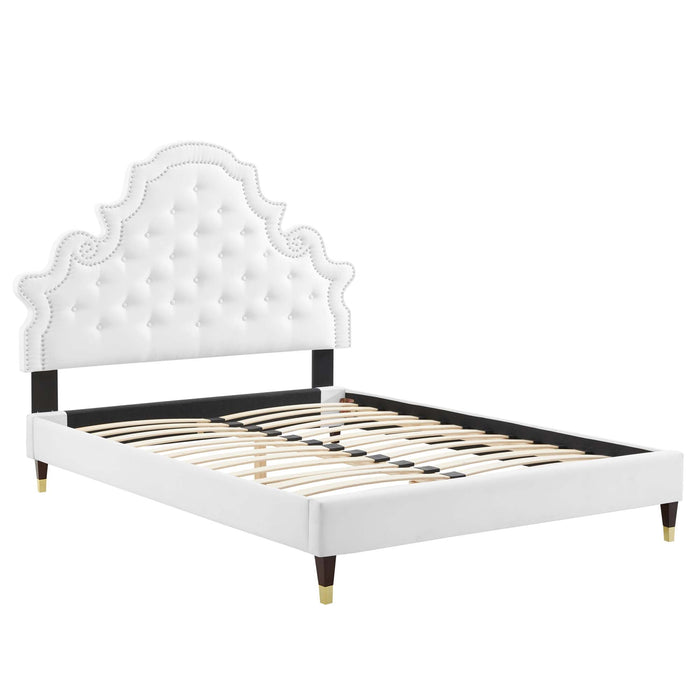 Gwyneth Tufted Performance Velvet Platform Bed With Wood and Gold Legs