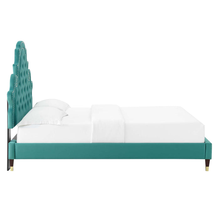 Gwyneth Tufted Performance Velvet Platform Bed With Wood and Gold Legs