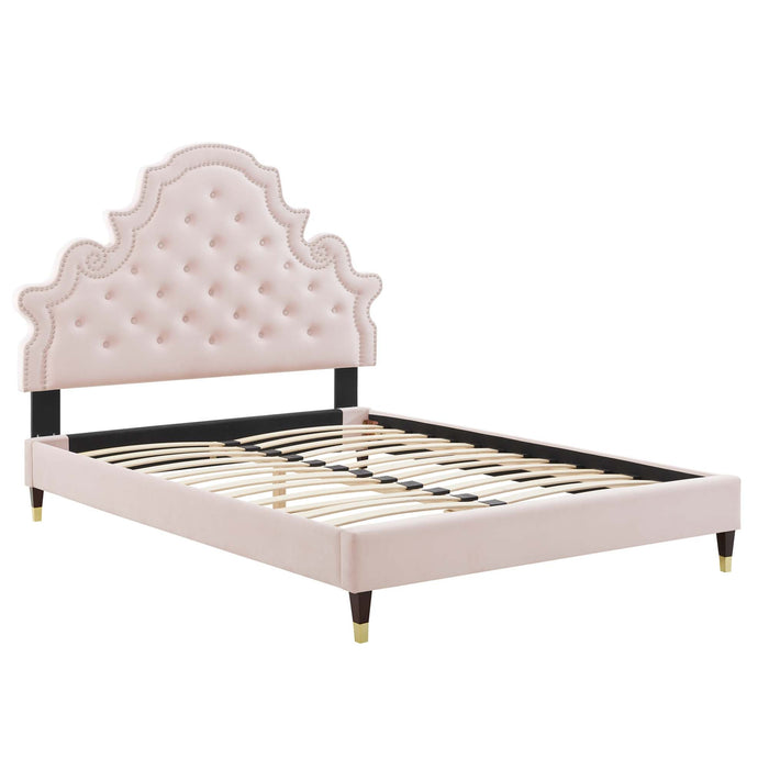 Gwyneth Tufted Performance Velvet Platform Bed With Wood and Gold Legs