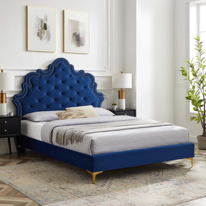 Sasha Button-Tufted Performance Velvet Bed With Gold Metal Legs