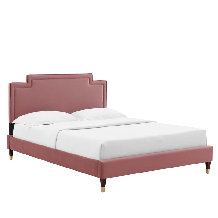 Liva Performance Velvet Bed With Wood and Gold Legs