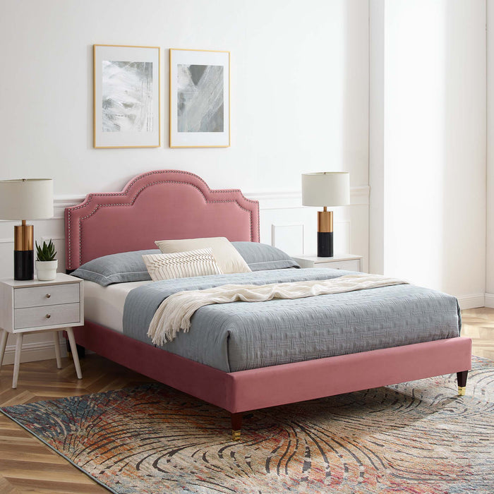 Aviana Performance Velvet Bed With Wood and Gold Legs