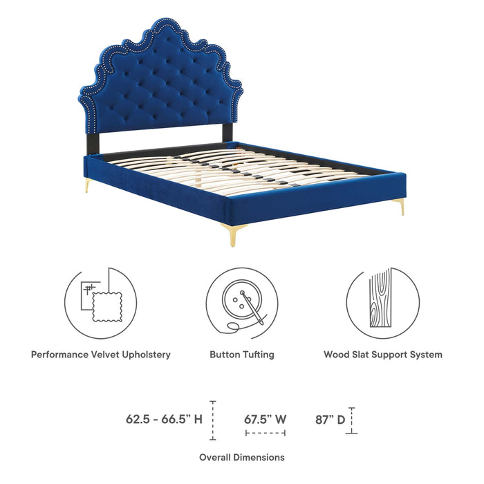 Sasha Button-Tufted Performance Velvet Bed With Gold Metal Legs