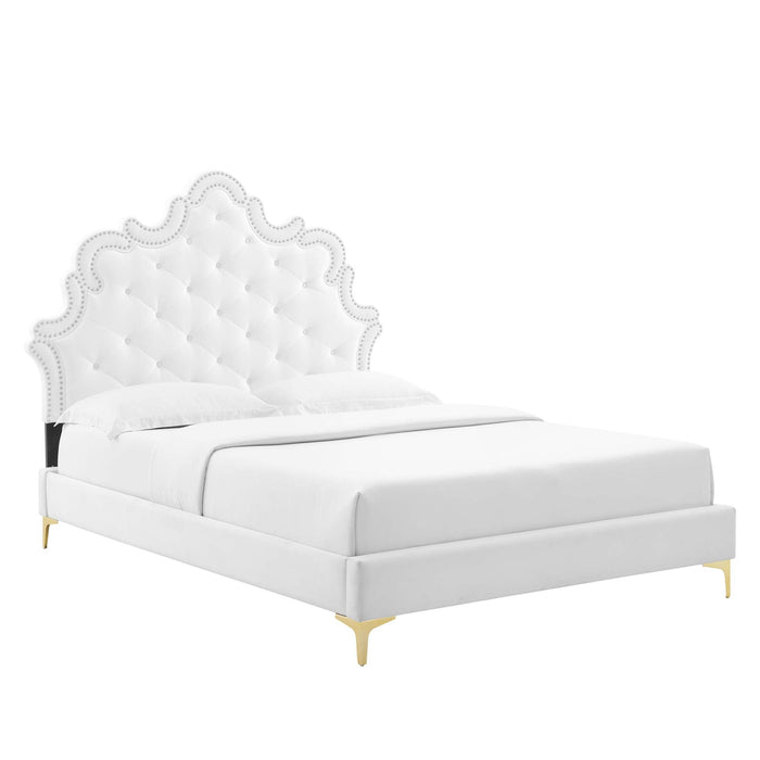 Sasha Button-Tufted Performance Velvet Bed With Gold Metal Legs