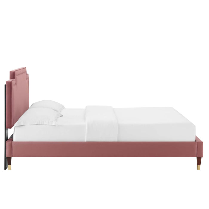 Liva Performance Velvet Bed With Wood and Gold Legs