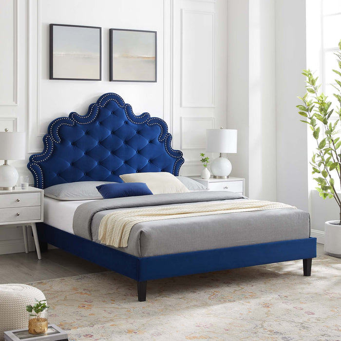 Sasha Button-Tufted Performance Velvet Bed With Black Wood Legs