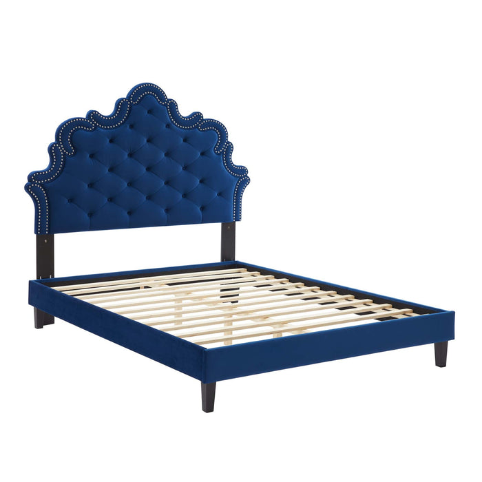 Sasha Button-Tufted Performance Velvet Bed With Black Wood Legs