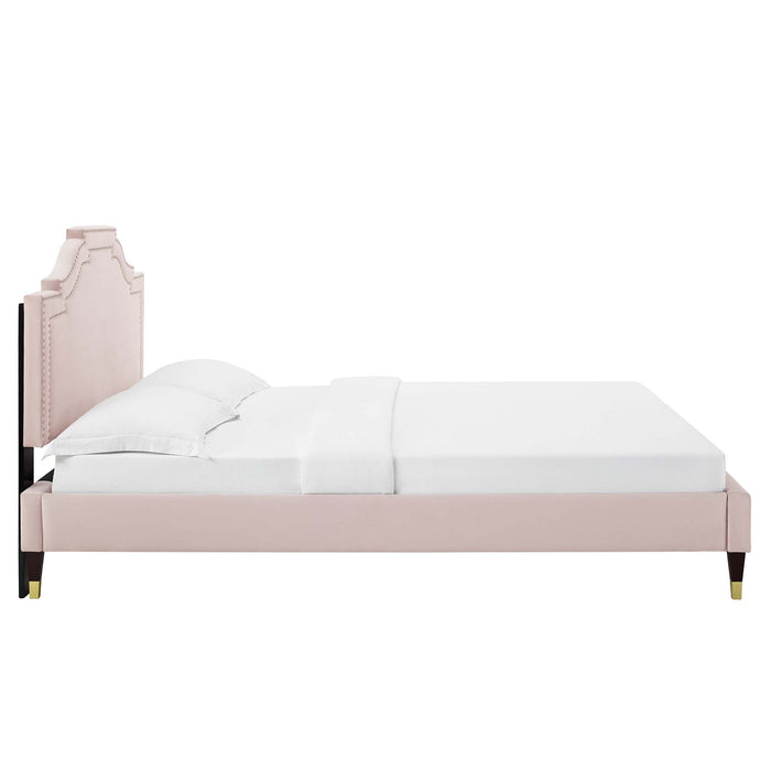 Adelaide Performance Velvet Platform Bed With Wood and Gold Metal Legs