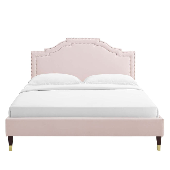 Adelaide Performance Velvet Platform Bed With Wood and Gold Metal Legs