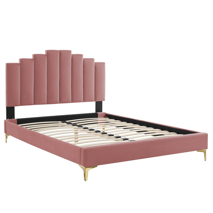 Elise Performance Velvet Platform Bed With Gold Metal Legs