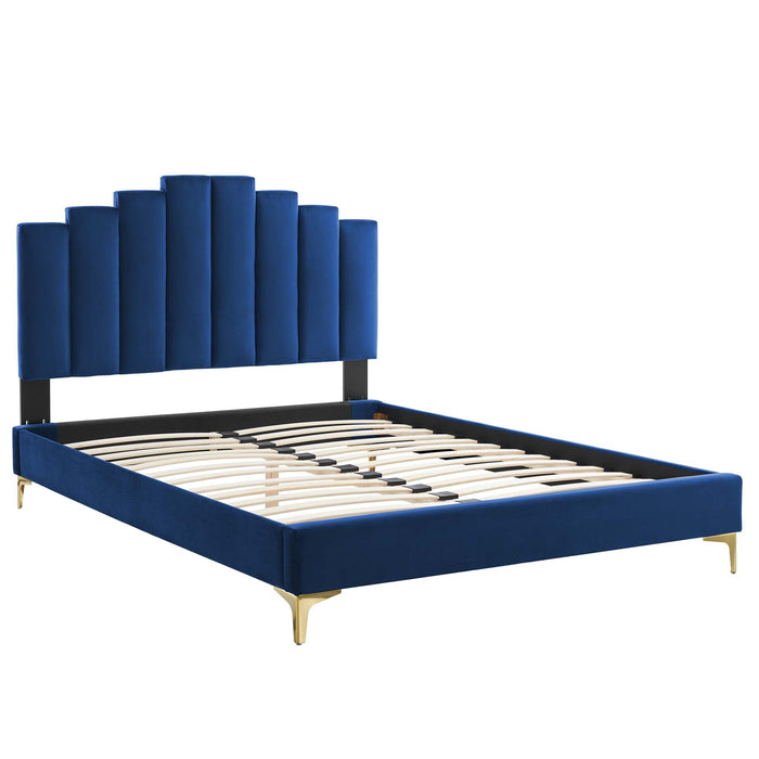 Elise Performance Velvet Platform Bed With Gold Metal Legs