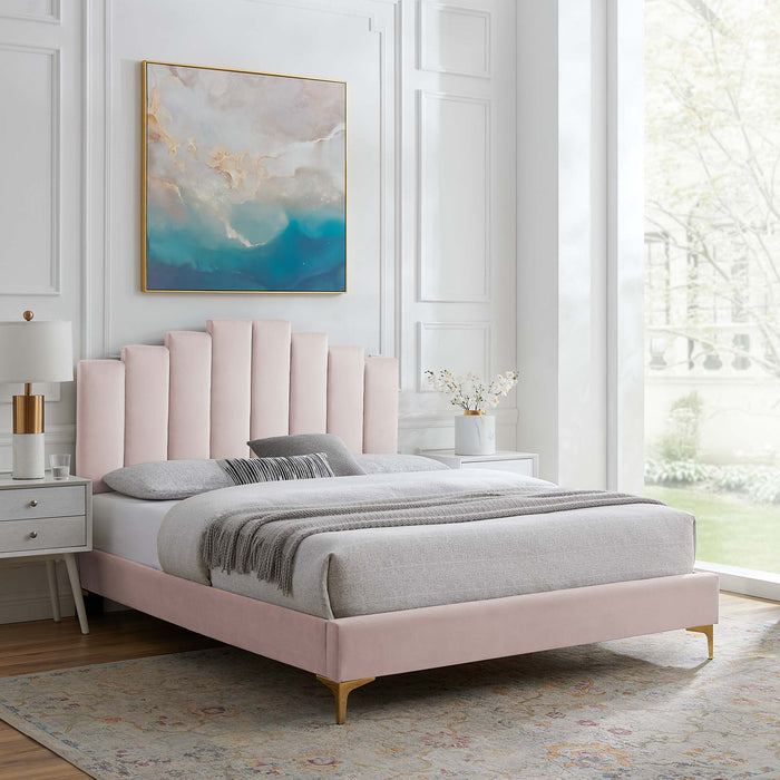 Elise Performance Velvet Platform Bed With Gold Metal Legs