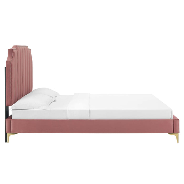 Colette Performance Velvet Platform Bed With Gold Metal Legs