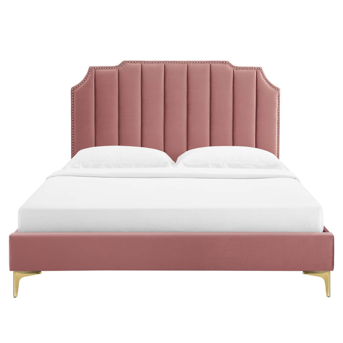 Colette Performance Velvet Platform Bed With Gold Metal Legs