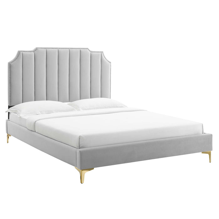 Colette Performance Velvet Platform Bed With Gold Metal Legs