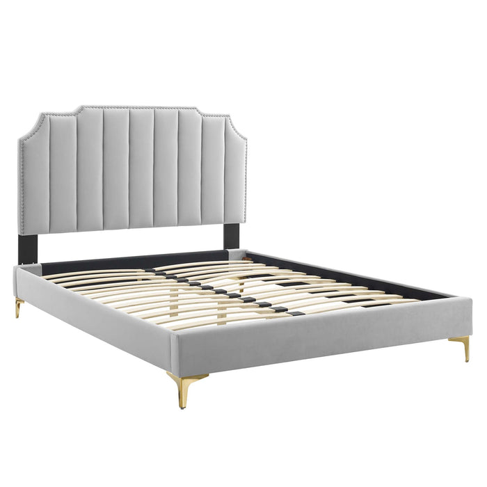 Colette Performance Velvet Platform Bed With Gold Metal Legs