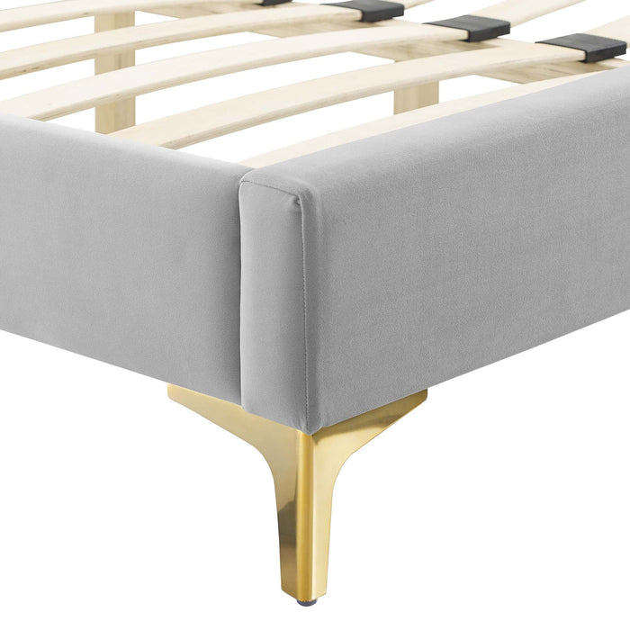 Colette Performance Velvet Platform Bed With Gold Metal Legs