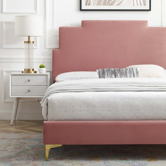 Lindsey Performance Velvet Platform Bed With Gold Metal Legs