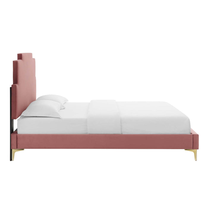 Lindsey Performance Velvet Platform Bed With Gold Metal Legs