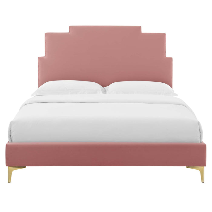 Lindsey Performance Velvet Platform Bed With Gold Metal Legs