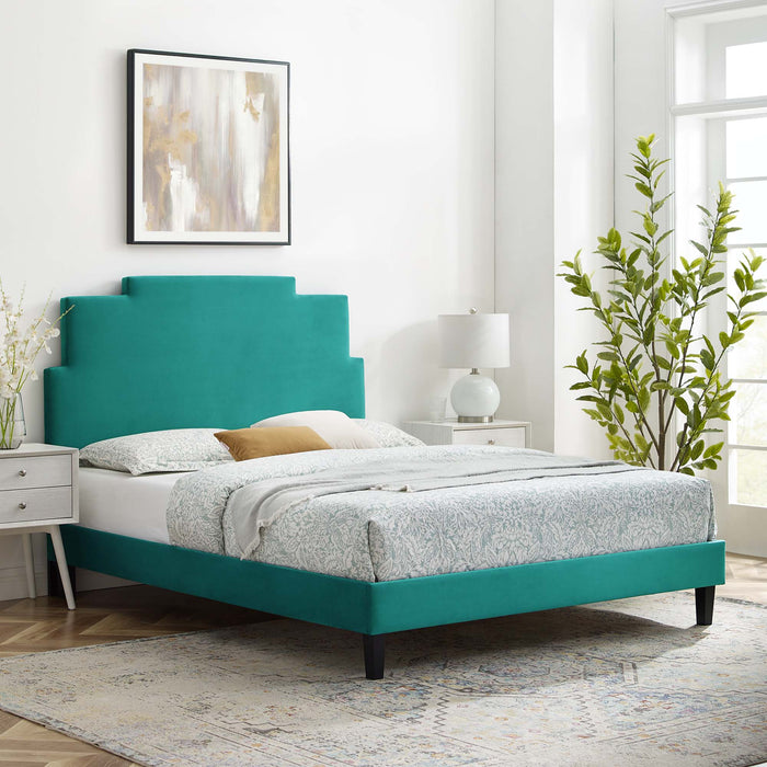 Lindsey Performance Velvet Platform Bed With Black Wood Legs