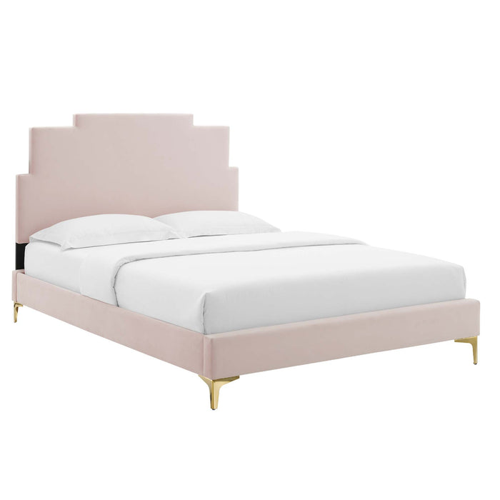 Lindsey Performance Velvet Platform Bed With Gold Metal Legs